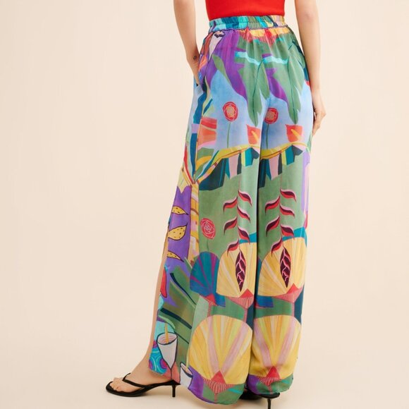 EUC FARM RIO Tropical Scenario Blue Slit Shiny Pants Size M - Picture 4 of 10